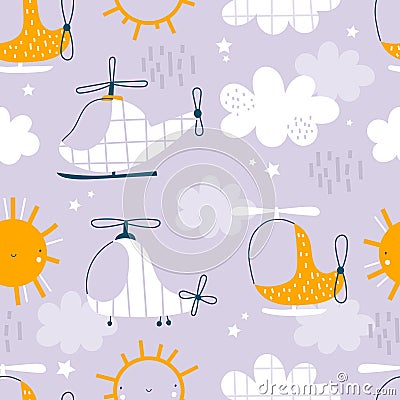 Vector hand-drawn seamless childish pattern with cute flying helicopters, sun and clouds on a purple background. Kids Vector Illustration