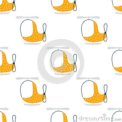 Vector hand-drawn seamless childish pattern with cute flying helicopters on a white background. Kids texture for fabric Vector Illustration