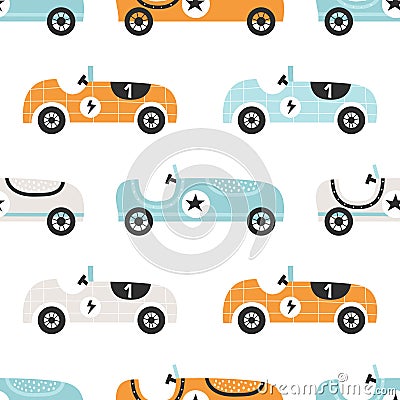 Vector hand-drawn seamless childish pattern with cute retro racing cars on a white background. Kids texture for fabric Vector Illustration