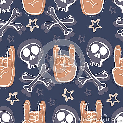 Vector hand drawn seamless patern. Skulls, bones, rock music symbols, stars. This is a cool creative design for young people, tee Vector Illustration