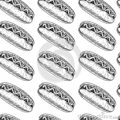 Vector hand drawn seamless pattern of american hot dogs. Hand drawn set of fast food. Vintage engraved illustration Vector Illustration