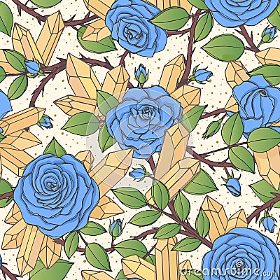 Vector hand drawn seamless pattern of blue rose flowers with buds, leaves, thorny stems and yellow quartz crystals Vector Illustration