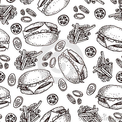 Vector hand drawn seamless pattern of burgers, french fries, tomato and onion. Vector Illustration