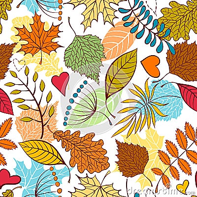 Seamless pattern with autumn leaves and hearts Vector Illustration