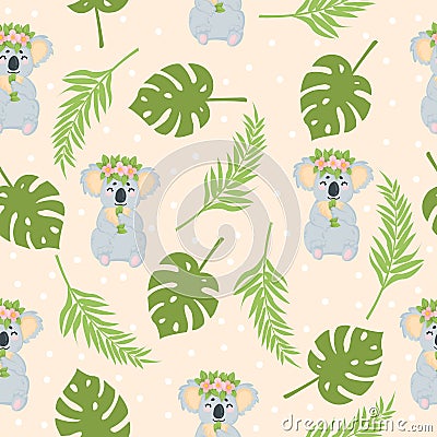 Vector hand drawn seamless pattern with cute koala bear with flower wreath eating eucalyptus leaf on begie background with tropica Cartoon Illustration