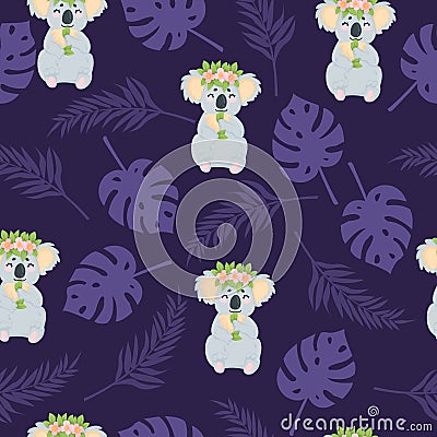 Vector hand drawn seamless pattern with cute koala bear with flower wreath eating eucalyptus leaf on dark blue background with tro Vector Illustration