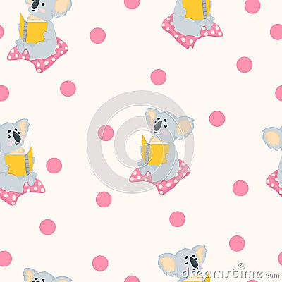 Vector hand drawn seamless pattern with cute koala bear reading the books in cartoons style on begie background with pink dots. Re Cartoon Illustration