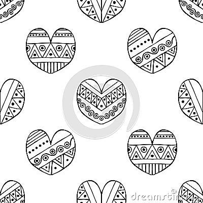 Vector hand drawn seamless pattern, decorative stylized black and white childish hearts. Doodle sketch style, graphic illustration Vector Illustration