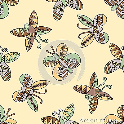 Vector hand drawn seamless pattern, decorative stylized childish butterflies. Doodle style, tribal graphic illustration Cute hand Vector Illustration