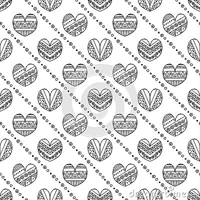 Vector hand drawn seamless pattern, decorative stylized childish hearts. Doodle style, tribal graphic illustration Cute hand drawi Vector Illustration