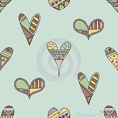 Vector hand drawn seamless pattern, decorative stylized childish hearts. Doodle style, tribal graphic illustration Cute hand drawi Vector Illustration