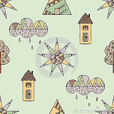 Vector hand drawn seamless pattern, decorative stylized childish house, tree, sun, cloud, rain Doodle style, graphic illustration Vector Illustration