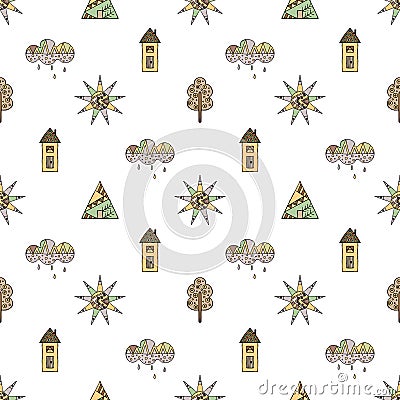 Vector hand drawn seamless pattern, decorative stylized childish house, tree, sun, cloud, rain Doodle style, graphic illustration Vector Illustration