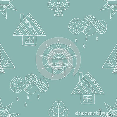 Vector hand drawn seamless pattern, decorative stylized childish house, tree, sun, cloud, rain Line drawing Doodle style, graphic Vector Illustration