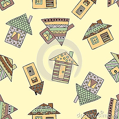 Vector hand drawn seamless pattern, decorative stylized childish houses Doodle style, graphic illustration Ornamental cute hand dr Vector Illustration