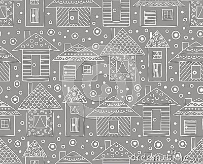 Vector hand drawn seamless pattern, decorative stylized childish houses Line drawing Doodle style, graphic illustration Ornamental Vector Illustration