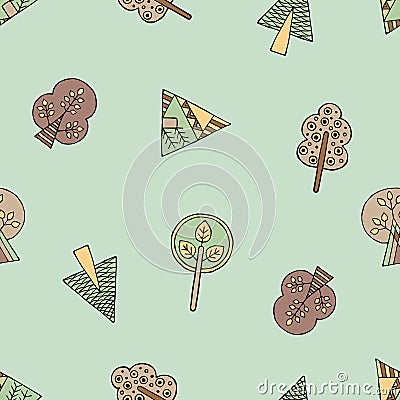 Vector hand drawn seamless pattern, decorative stylized childish trees. Doodle style, tribal graphic illustration. Ornamental cute Vector Illustration