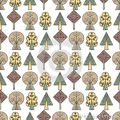 Vector hand drawn seamless pattern Decorative stylized childish trees Doodle style, tribal graphic illustration Ornamental cute ha Vector Illustration