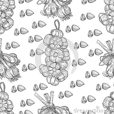 Vector hand drawn seamless pattern of garlic. Stylized black and white sketch of a bundle of garlic groves tied with Vector Illustration