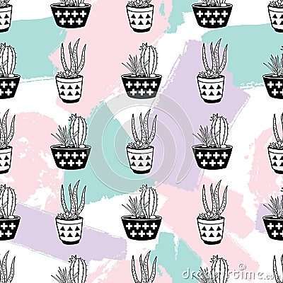 Vector hand drawn seamless pattern with geometric and brush painted elements, cactuses and succulents in pots Vector Illustration