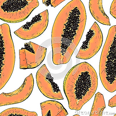 Vector hand drawn seamless pattern of isolated papaya. Engraved colored art. Delicious tropical vegetarian fruits. Vector Illustration