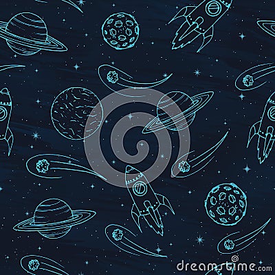 Vector Hand drawn seamless pattern with Jupiter, Mars, Saturn, Neptune planets, moon and flying rockets Vector Illustration