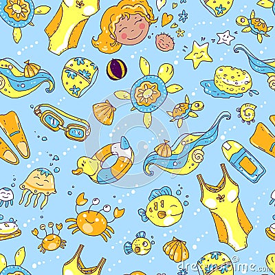 Vector hand drawn seamless pattern. Mom and baby. Swimming Vector Illustration