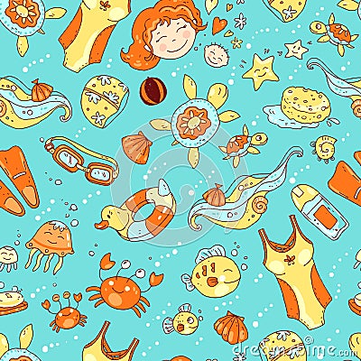 Vector hand drawn seamless pattern. Mom and baby. Swimming Vector Illustration