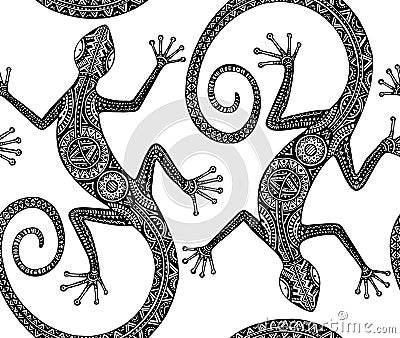 Vector hand drawn seamless pattern with monochrome lizard or sal Vector Illustration