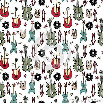 Vector hand drawn seamless pattern. Punk rock attributes, skulls, stars, vinyls, guitars, zombie Vector Illustration