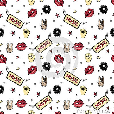 Vector hand drawn seamless pattern. Punk rock attributes, skulls, stars, vinyls, guitars, zombie Vector Illustration