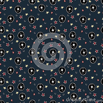 Vector hand drawn seamless pattern. Punk rock attributes, skulls, stars, vinyls, guitars, zombie Vector Illustration