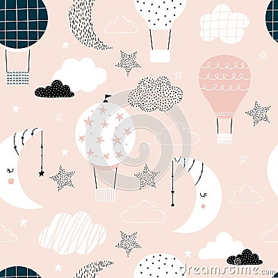 Vector hand-drawn seamless repeating children simple pattern with air balloons, clouds and moons in Scandinavian style Vector Illustration