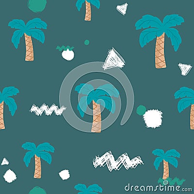Vector hand drawn seamless repeating color childish pattern with palm trees with geometric shapes on blue background Vector Illustration