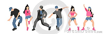 Vector hand drawn set of attractive girls dancing booty dance.Young and handsome guys and girls dancing hip hop in street style. Vector Illustration