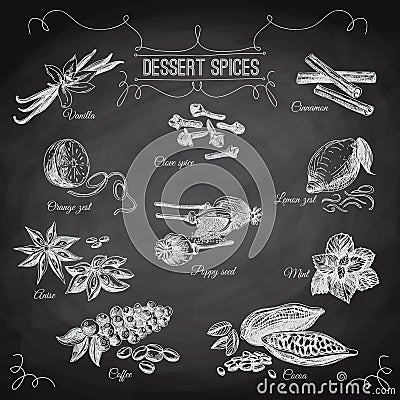 Vector hand drawn set with Dessert Spices. Vintage Vector Illustration