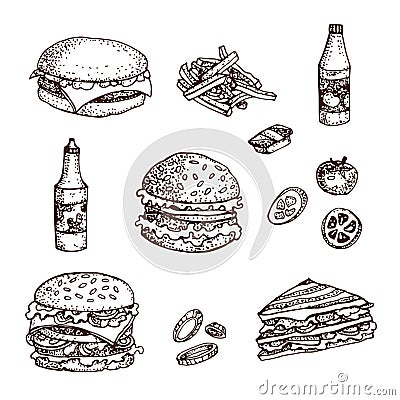 Vector hand drawn set of fast food. Isolated on white. Hamburger, cheeseburger, french fries Vector Illustration