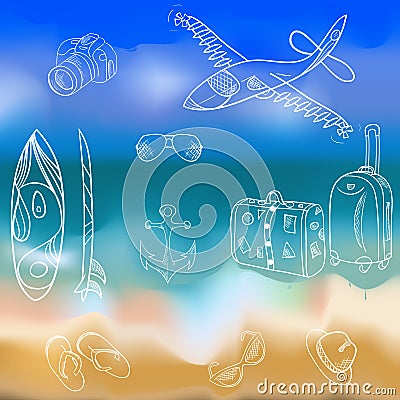 Vector hand-drawn set of icons and summer vacation on a background seascape. Vector Illustration