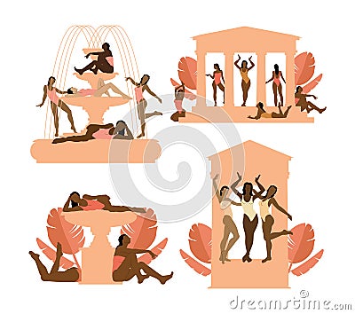 Vector hand drawn set of illustrations of girls in swimsuits with glazebo and fountain isolated. Vector Illustration