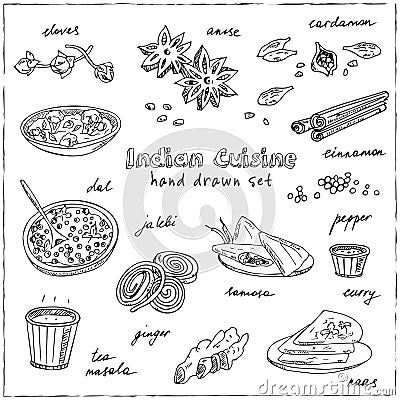 Vector hand drawn set of Indian cuisine. traditional spicy flavored dishes, desserts, beverages. Vector Illustration