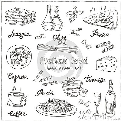 Vector hand drawn set with italian food. Vintage illustratio Vector Illustration