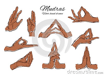 Vector hand drawn set of mudras. Isolated on white. Yoga. Spirituality Vector Illustration