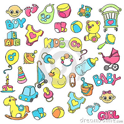 Vector hand drawn set of Newborn Baby Care cartoon doodle objects and items. Vector Illustration