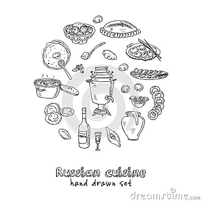 Vector hand drawn set of russian cuisine. pancake, red caviar, pelmeni,, beef stroganoff, vodka and samovar. Vector Illustration