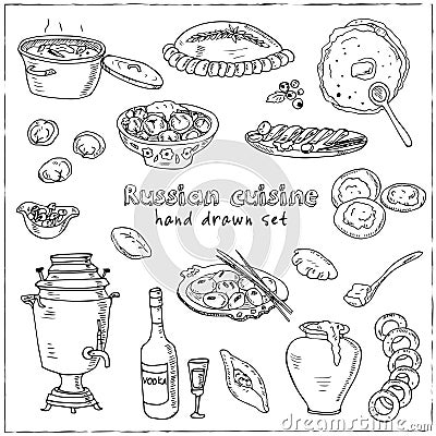 Vector hand drawn set of russian cuisine. pancake, red caviar, pelmeni,, beef stroganoff, vodka and samovar. Vector Illustration