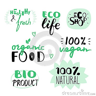 Vector hand drawn set of vegan and natural labels. Ecological and organic food. Vector Illustration