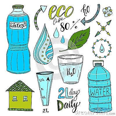 Vector hand drawn set of water and recycle icons. Healthy bright collection with water bottles. Drink more water concept Vector Illustration