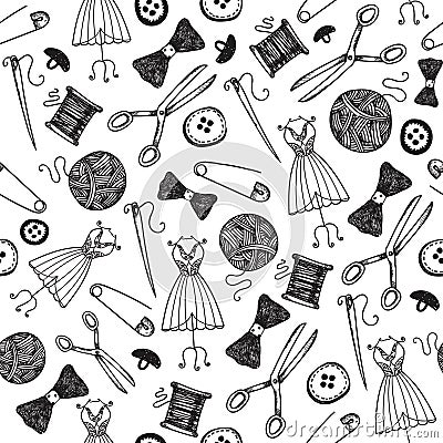 Vector hand drawn sewing seamless background, doodle handmade Vector Illustration