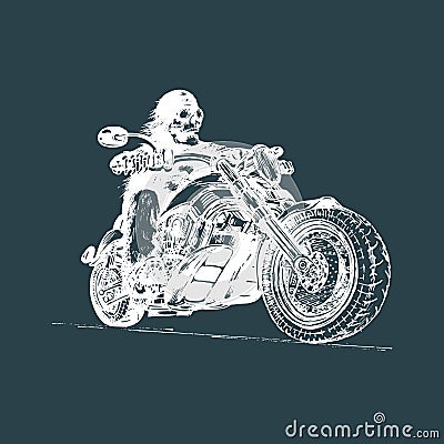 Vector hand drawn skeleton rider on motorcycle.Vintage eternal biker illustration for custom chopper garage, MC label. Vector Illustration