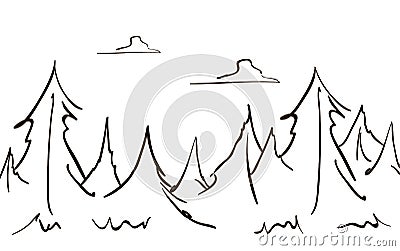 Vector Hand drawn sketch forest landscape pine and clouds. Line design Stock Photo